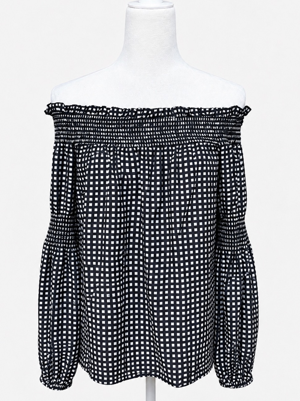 L’AGENCE Mona Silk Gingham Off Shoulder Blouse Black White Medium Boho Hippie